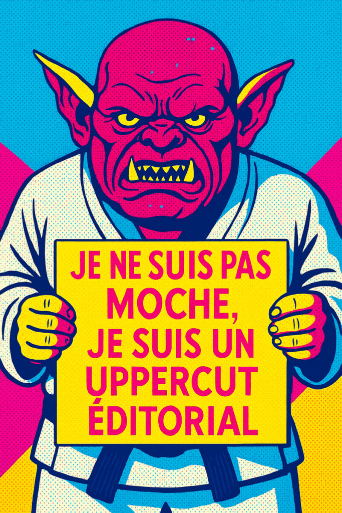 Un gobelin caricatural et en colère vêtu d'un uniforme d'arts martiaux tient une pancarte jaune avec le texte français "Je ne suis pas moche, je suis un uppercut éditorial", soulignant de manière ludique les mots moches en littérature.