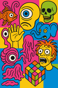 Illustration pop art colorée représentant un poisson, un crâne, un éléphant bleu, un Rubik's cube, une main, des yeux désincarnés, des taches roses et deux visages exagérés aux expressions larges - un clin d'œil ludique aux mots moches de la littérature.