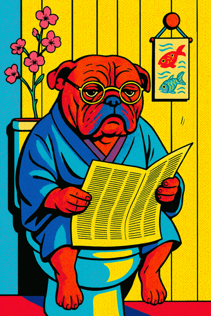 Un bouledogue portant des lunettes et une robe bleue est assis sur des toilettes en train de lire un journal sur les mots moches en littérature, avec un vase à fleurs et un poisson suspendu au mur en arrière-plan.