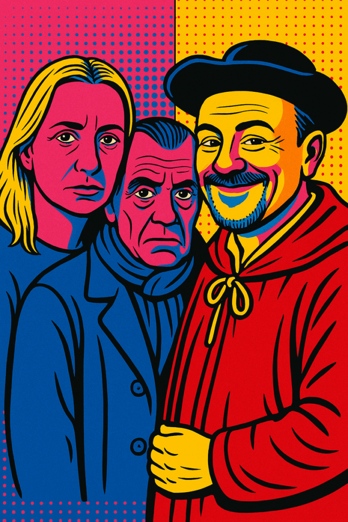 Une illustration pop art colorée de trois personnes ; deux avec des expressions neutres à gauche et une souriante, portant un chapeau et une robe rouge, à droite ; l'arrière-plan est divisé en rose et jaune, un clin d'œil aux mots moches en littérature.