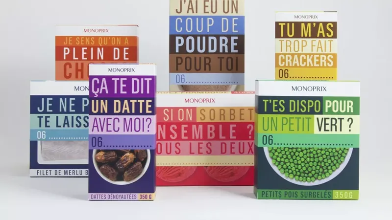 Produits alimentaires Monoprix assortis présentés à la verticale, chacun avec un emballage coloré et un texte français en gras contenant des phrases amusantes.