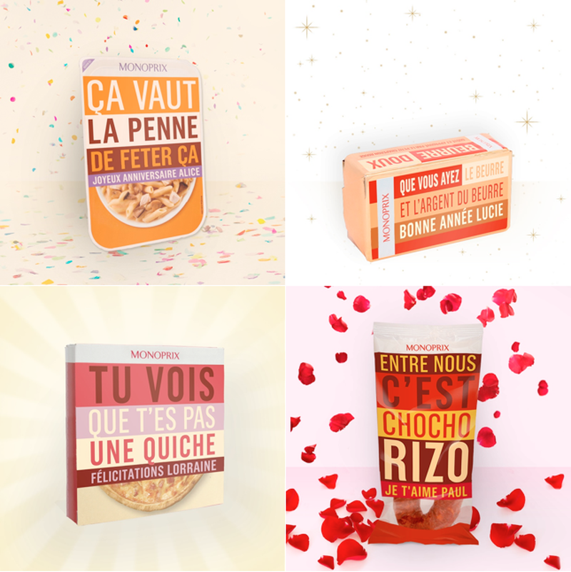 Quatre emballages alimentaires Monoprix avec des messages d'anniversaire et de félicitations en français, chacun sur un fond de fête avec des confettis ou des pétales.